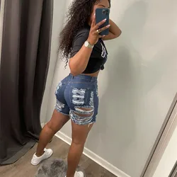 BKLD Blue Denim Shorts Jeans Women Clothing 2026 Summer Fashion Hollow Out Streetwear High Waist Bodycon Ripped Shorts