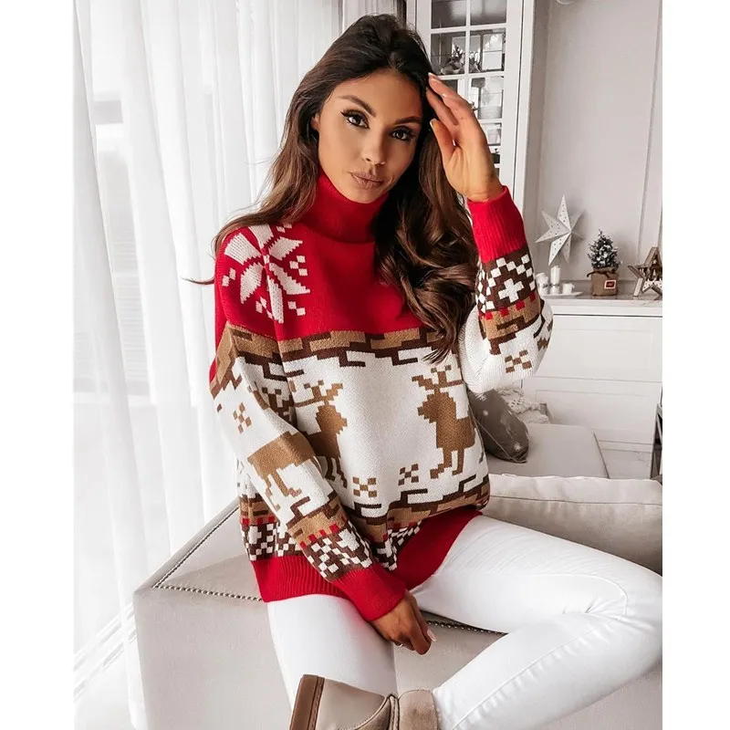 Women\'s Christmas Turtleneck Sweaters Long Sleeve Elk Snowflake Pattern Loose Knit Tops Women\'s Pullovers Streetwear Autumn