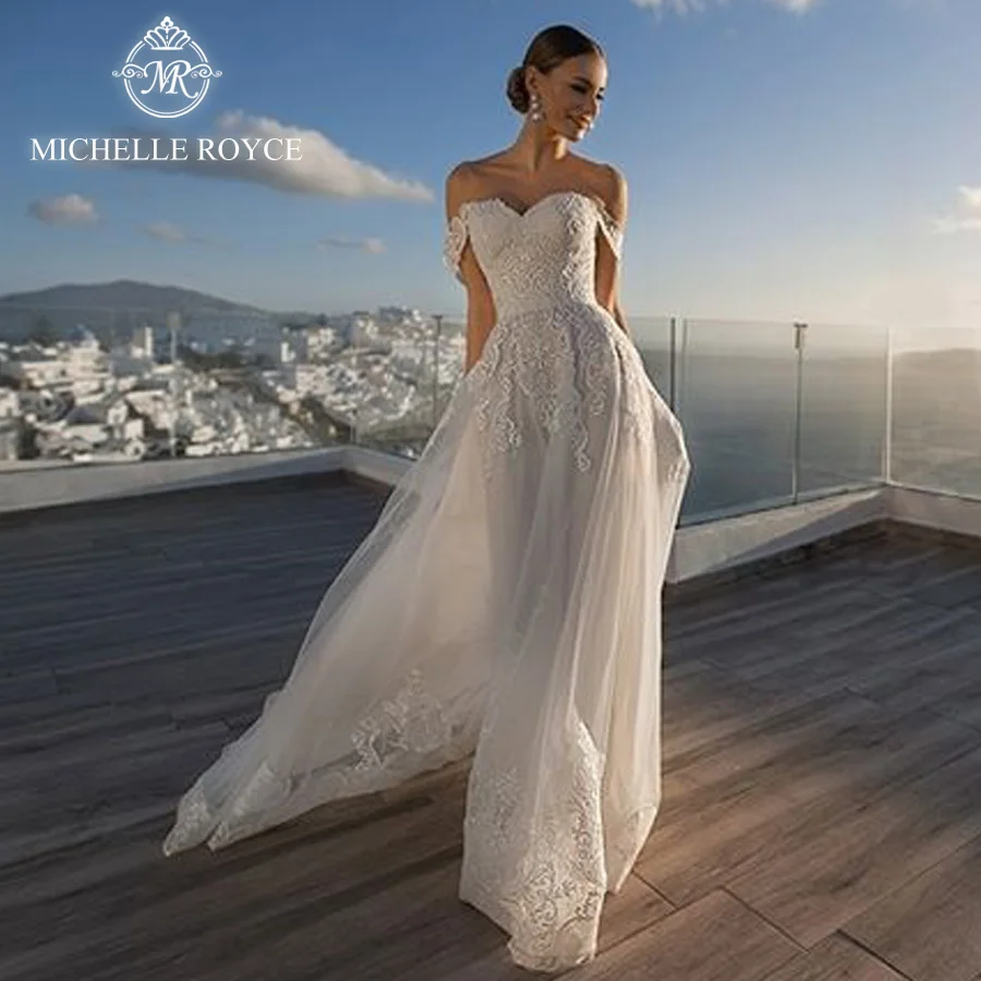 

Michelle Royce Sweetheart A-Line Wedding Dresses For Bride Off the Shoulder Lace Up Chapel Train Wedding Vestido De Novia Gown