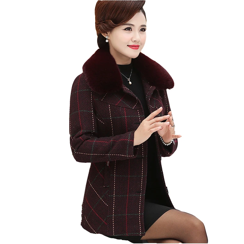 new winter plaid woolen trench coat Fine women's autumn 2022 woolen short coats size 5XL loose Fur collar Tops ladies overcoat