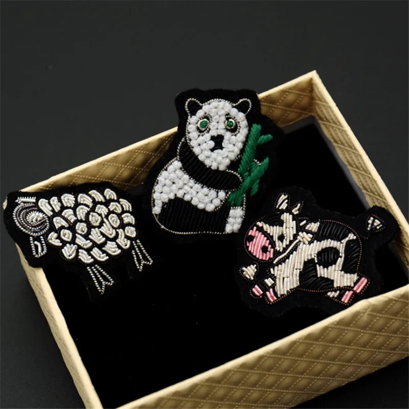 MAXSIN FUN  1 Pc High Quality Handmade Embroidered Indian-Silk  Panda Sheep Cow Brooch Garment Accessories Pin Decorative Patch