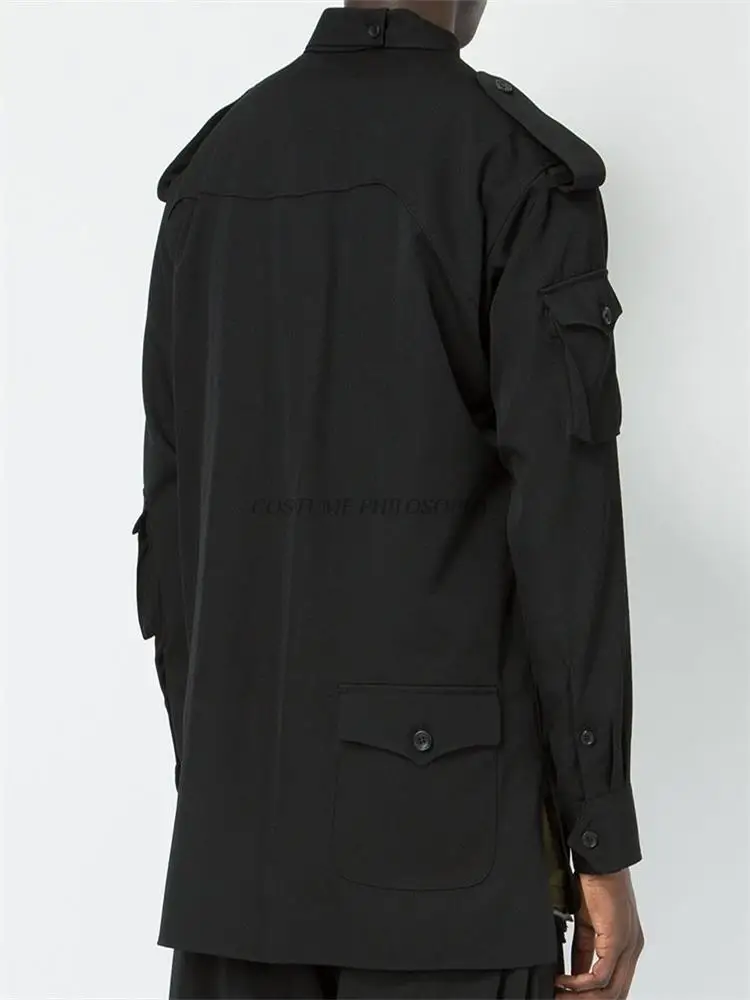 Men's Long Sleeve Shirt Spring And Autumn New Asymmetric Pocket Design Sleeve Zipper Pocket Solid Color Small Pointed Collar