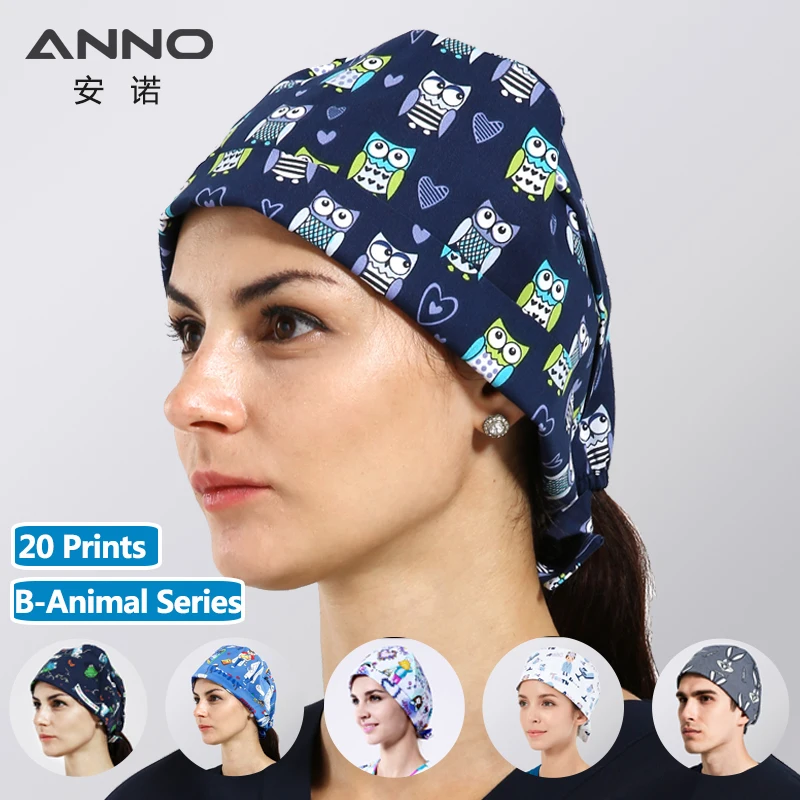 ANNO Cotton Scrub Caps Women Hospital Doctor Nurse Work Hats Nursing Cap Short or Long Hair Head Wear Animal Carton Print