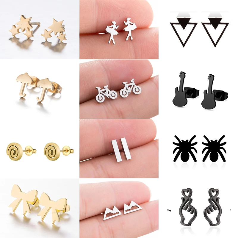 Small Stainless Steel Stud Earrings for Women Fashion Ballet Earrings OM Symbol Star Guitar Mountain Swirl Triangle Ear Jewelry