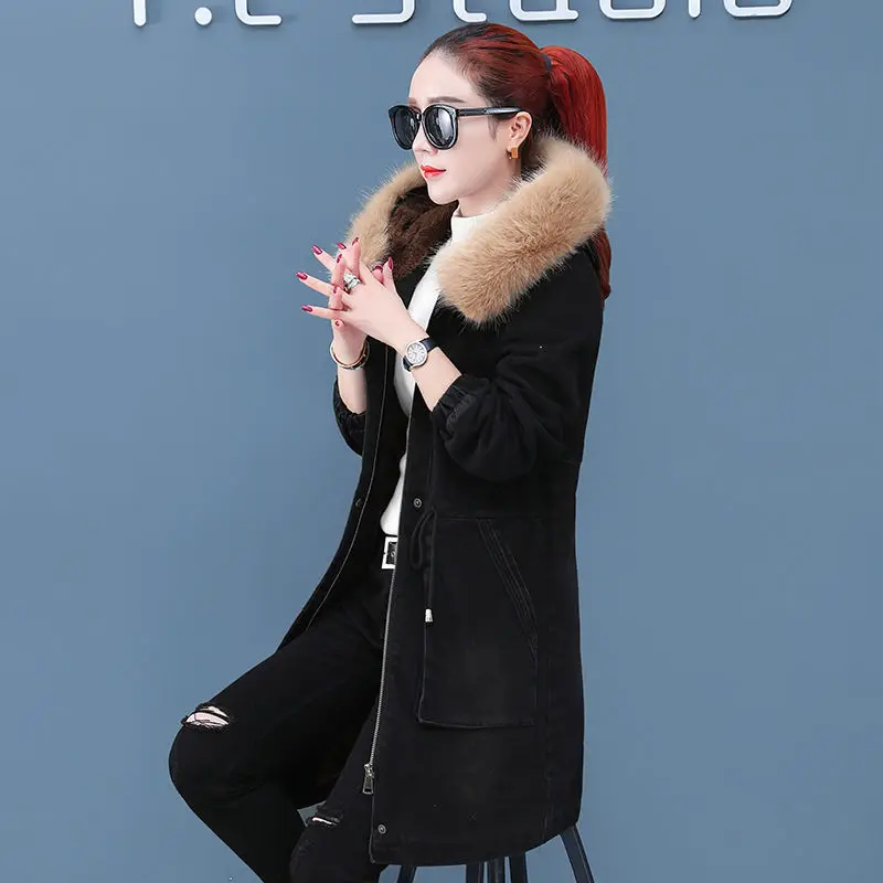 New Women\'s Denim Jacket Fur Parka Female 2023 Winter Jean Coat Women Jackets Black Denim Coats Woman Lambswool Outerwear H196