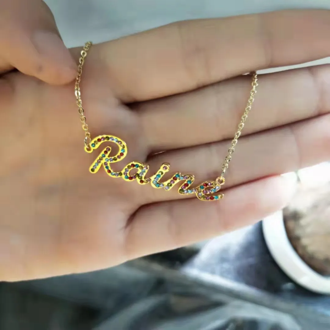 DOREMI 2021 Custom Stainless Steel Name Necklace With Color Rhinestones Women Gold Initials Choker Women Jewelry Valuable gift