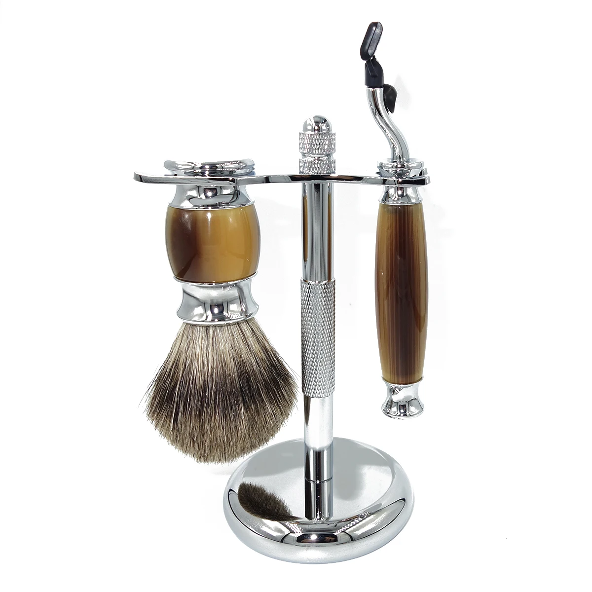 

iRAZO New Luxury Men's Wet Shaving and Hair Removal Mach 3 Safety Razor Faux Horn Resin Handles with Silvertip Pure Badger Brush