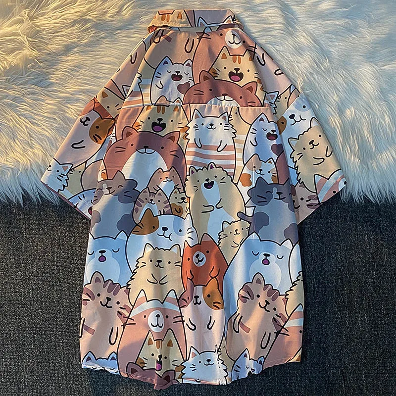 Summer Women Street Fashion Turn Down Collar Half Sleeve Shirt Blouse Cute Full Cat Print Loose Casual Blosues Kawaii Tops