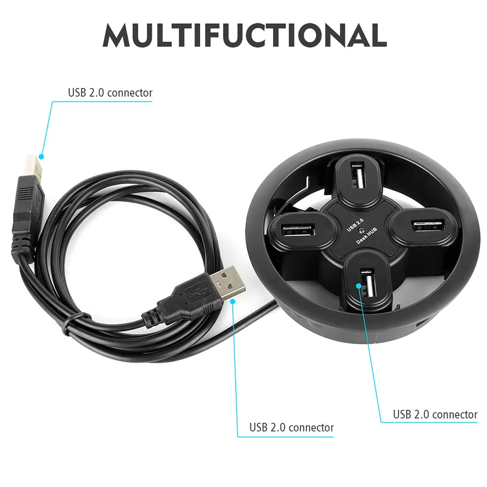 Office Computer Desk Round Hole USB2.0 Splitter USB Hubs Converter Laptop/PC/Mac Expansion Interface 4 Port 1.5 Plug Play