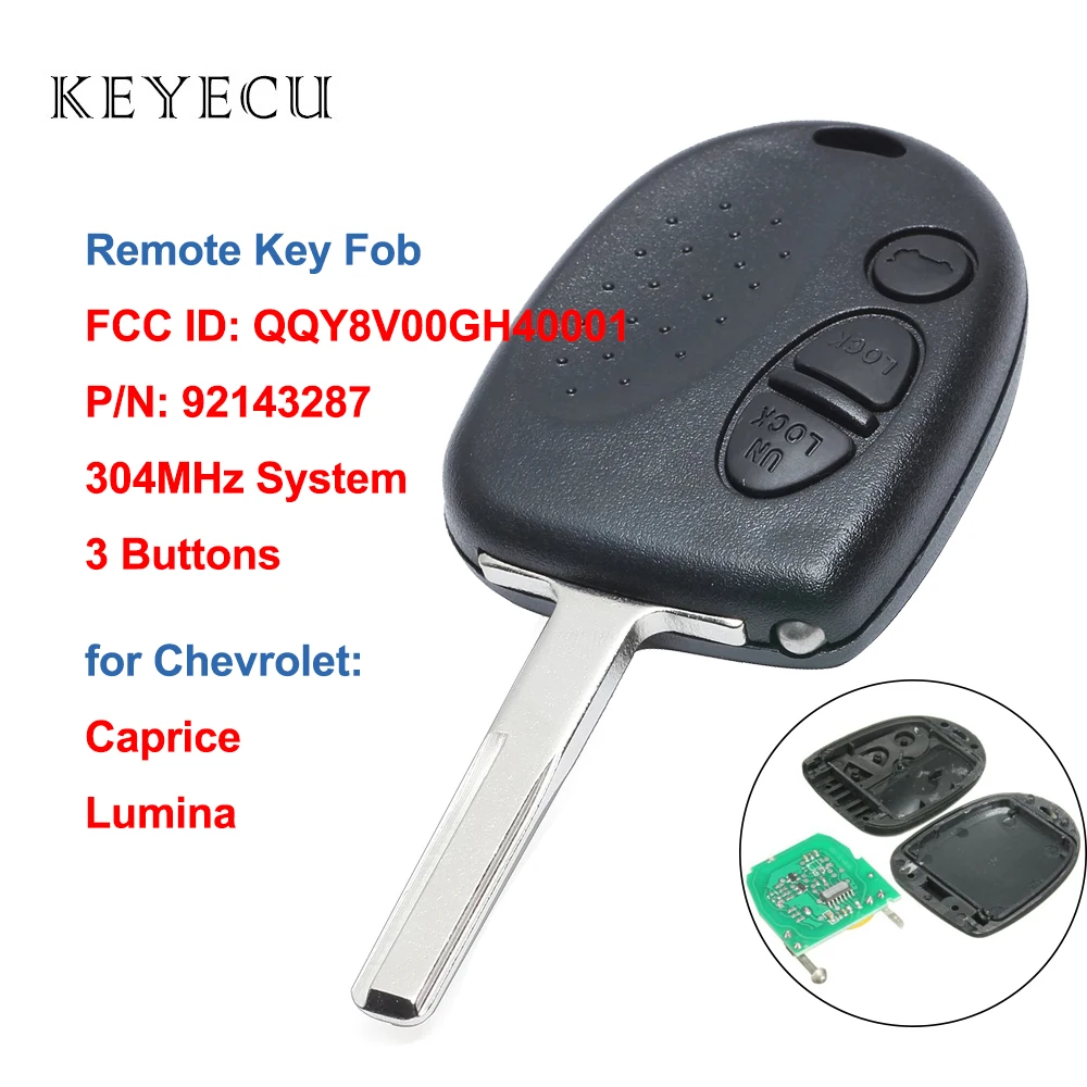 Keyecu Remote Car Key Fob 3 Buttons 304Mhz for Chevrolet Caprice Lumina 1999 2000 2001 2002 2003 2004 2005 2006 QQY8V00GH40001