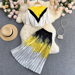 Banulin Elegant Women's Summer Knit Set Short-sleeved Sweater Top Color Contrast High-waist A-Line Pleated Skirt Two-piece Suit