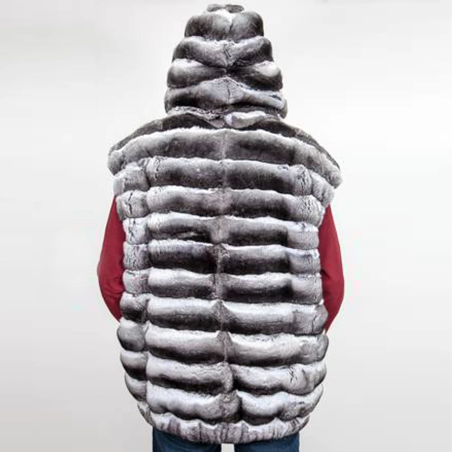 Natural Fur Vest Men Real Rex Rabbit Fur Coat Autumn Winter Hooded Gilet High Quality Waistcoat