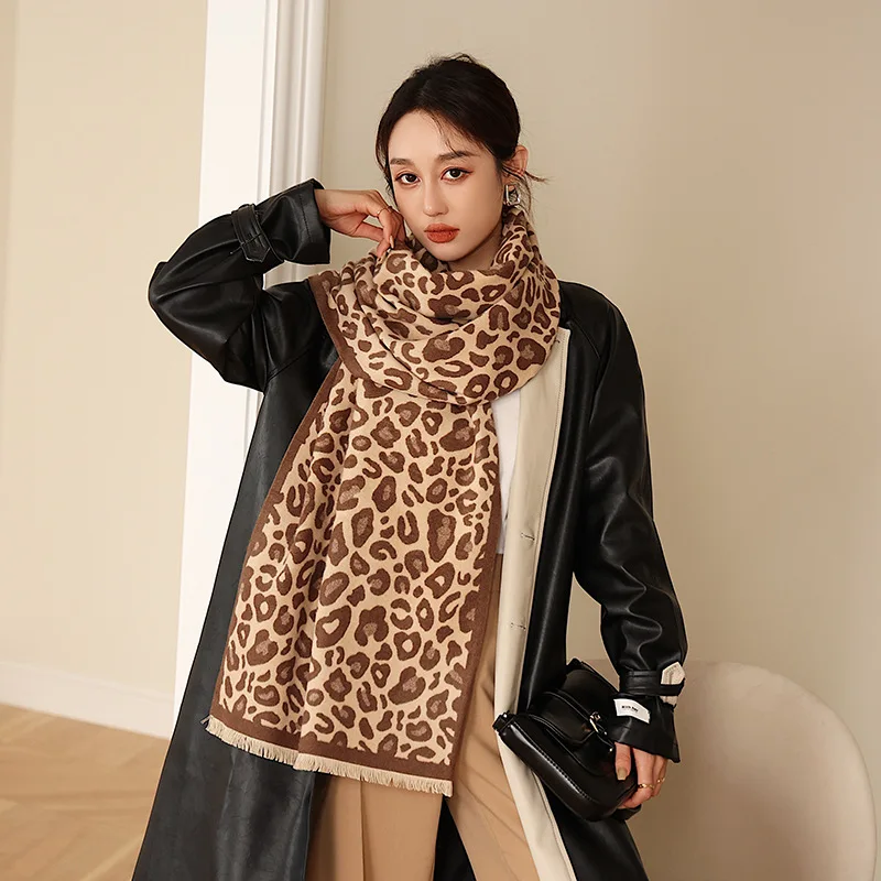 

2021 Winter New Cashmere Scarf Hijab for Women Leopard Print Thick Warm Pashmina Shawl Warps Blanket Neckerchief Bufanda Foulard