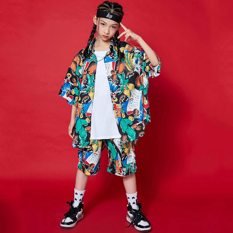 Children Tide Hip Hop Clothes Loose Short Sleeve Shirts Printing Outfit Boys Girls Hip Hop Performance Ballroom Dancewear BL6721