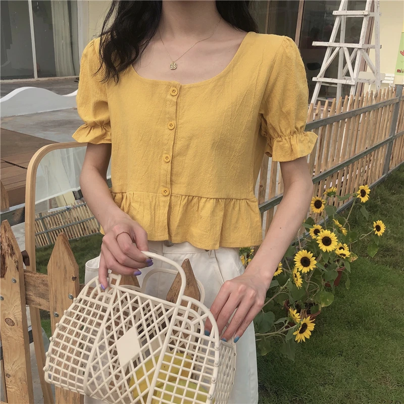 Shirts Women Ruffles New Sweet Style Summer Ulzzang Travel Basic Solid Crops Tops Popular Slim Casual Female Holiday Mujer Soft