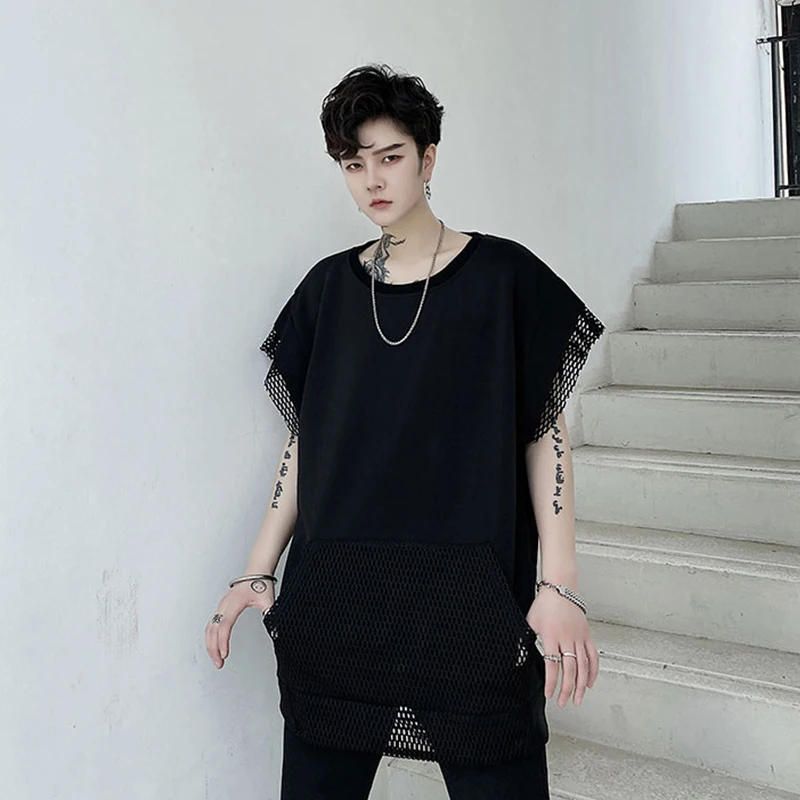 T-shirt 2020 summer T-shirt fashion men's hem seam pocket design hollow mesh casual t men's sleeveless t shoulder