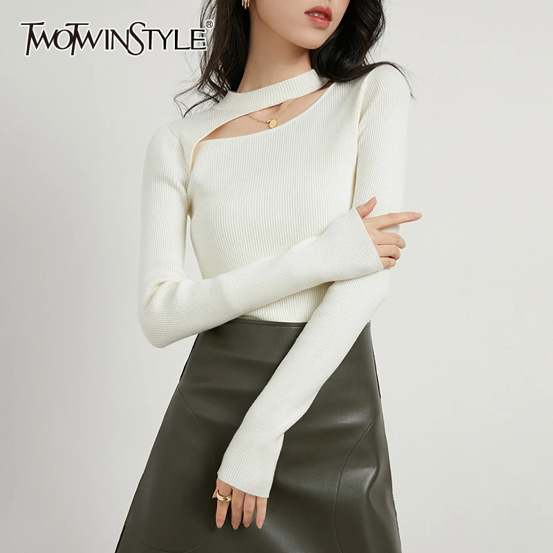 

TWOTWINSTYLE White Skinny T Shirt For Women Round Collar Long Sleeve Solid Minimalist Cut Out T Shirts Female Clothing Fashion