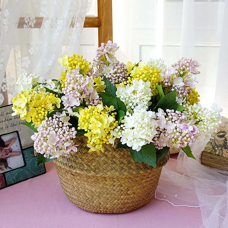 Berry Hydrangea flower short branch with bud fruit and fake leaves silk artificial flowers for home wedding decorations flores
