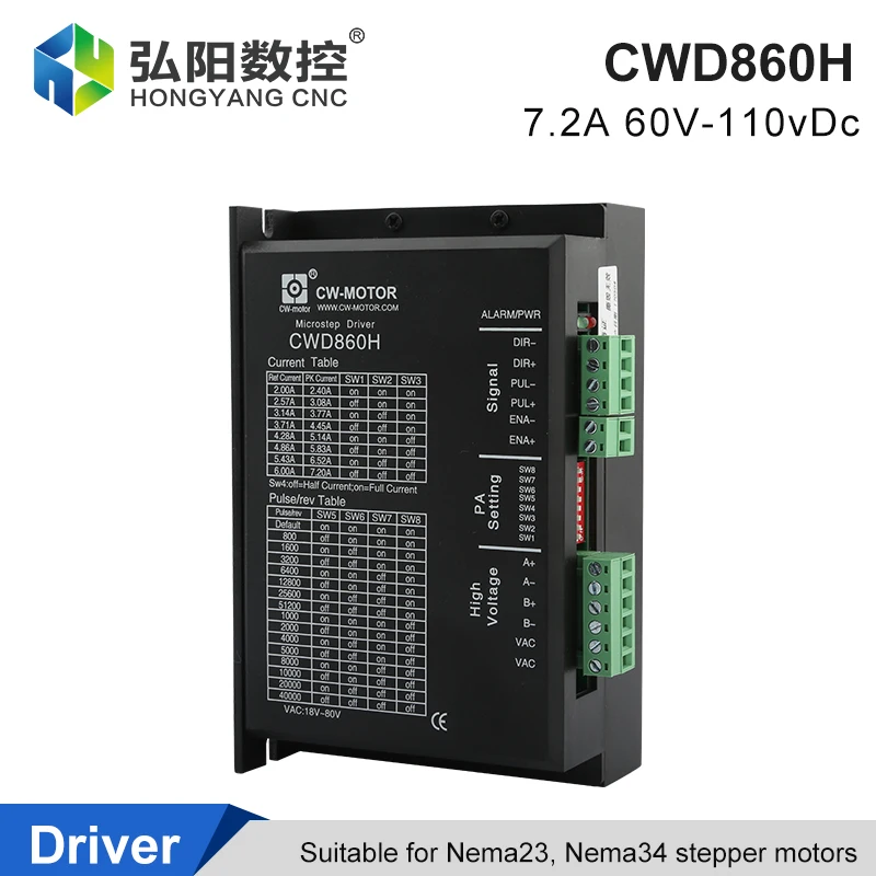 Nema 34 Stepper Motor Driver CWD860H 7.2A 60-110vdc / 40-80vac Nema23 Two-Phase Hybrid 32-Bit DSP Motor CNC Milling Machine