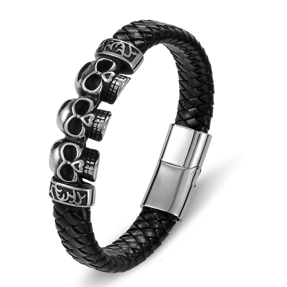 TYO Trendy Woven Rope Magnetic Braided Bone Steel Punk Metal Brand Fashion Wholesale Genuine Leather Men Bracelet Skull