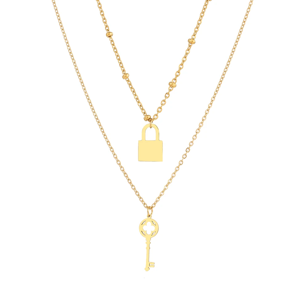 القلائد الفولاذ المقاوم للصدأ قلادة الموضة متعدد الطبقات نمط قفل مفتاح مطرز سلسلة قلادة للنساء مجوهرات هدايا صديق الحفلات #2