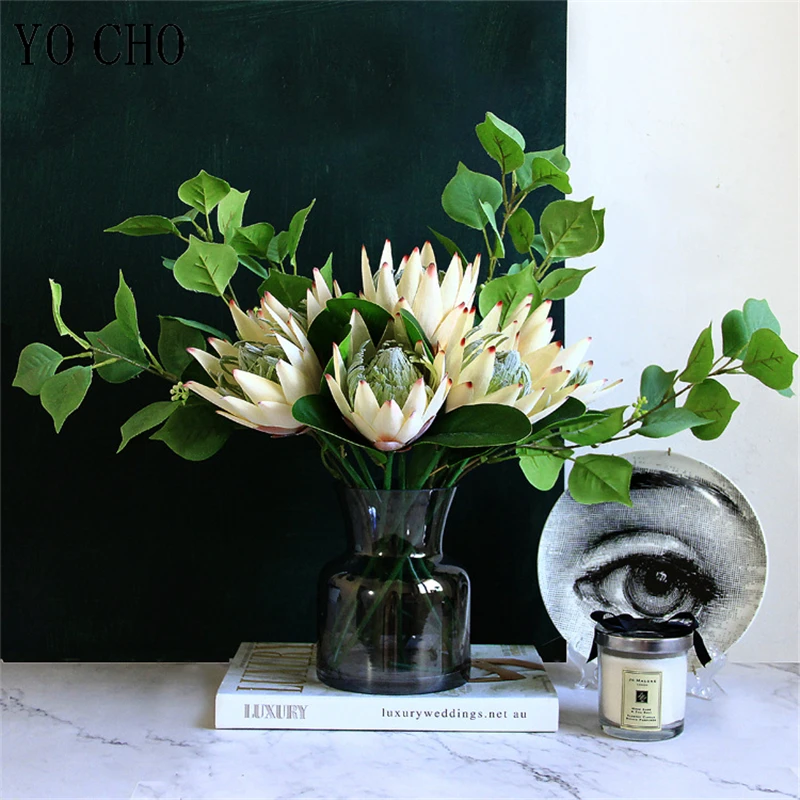 YO CHO Artificial Flower Silk King Protea DIY Flower Arrangement Fake Emperor Flowers White Home Party Wedding Table Decoration