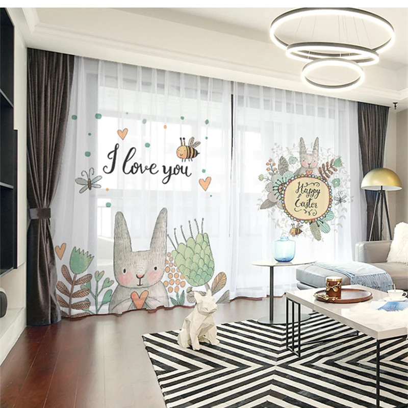 

Custom Chiffon Curtain Window Drape for Nursery Kids Children Living Room Hare Rabbits Floral