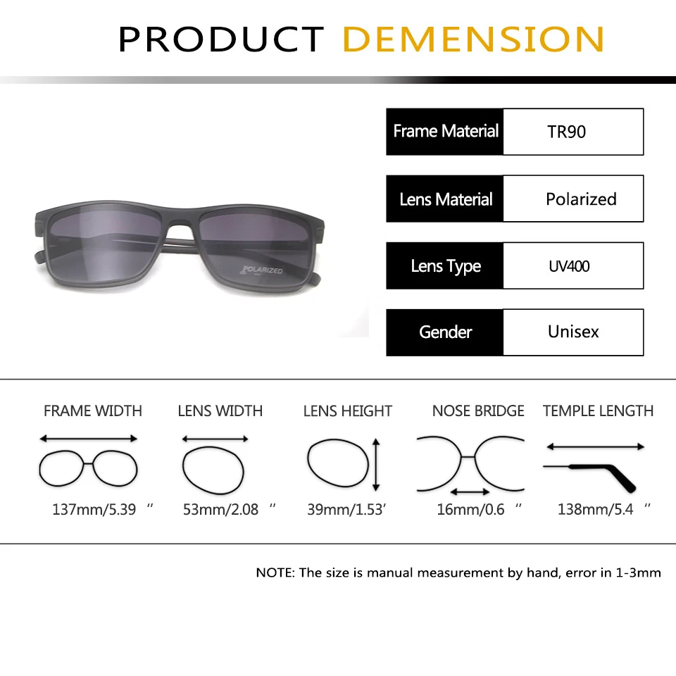 TR90 Polarized Square Eyeglasses Frame Magnet Clip-On Mirrored Sunglasses Men Eye Glasses With Magnetic Clip On Sunglasses