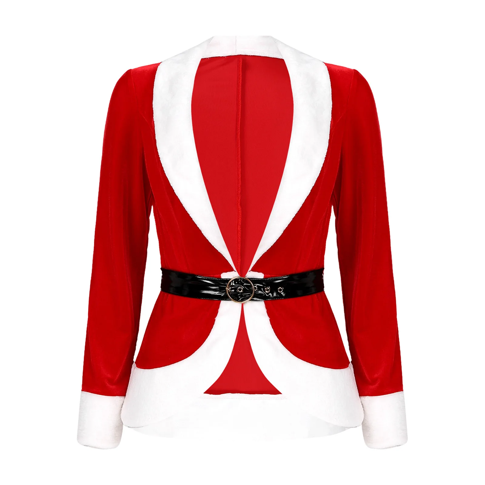 Women Christmas Santa Cosplay Costume Jacket Long Sleeves Patchwork Belt Closure Coat Tops for New Year Clothes Xmas Shrug