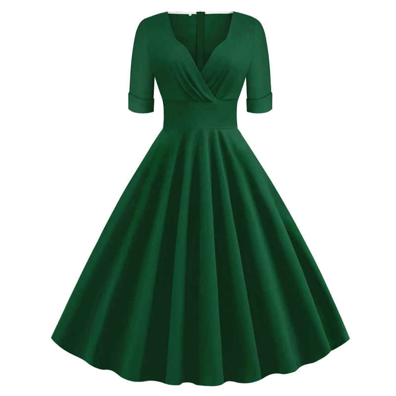 Office Green Solid Rockabilly 1950S Vintage Ruched V Neck Elegant Party Dress Women 2023 Summer Half Sleeve A Line Midi Dresses