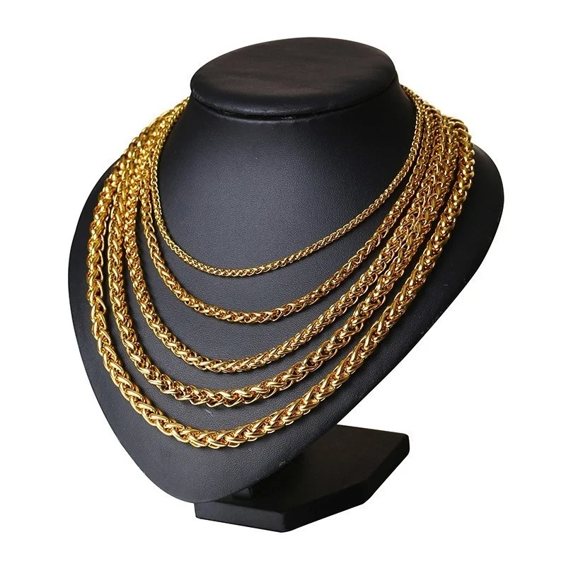 Vnox Gold Color Men Stainless Steel Wheat Spiga Franco Link Chain Necklace Male Jewelry 24 Inch in 3-7MM Width