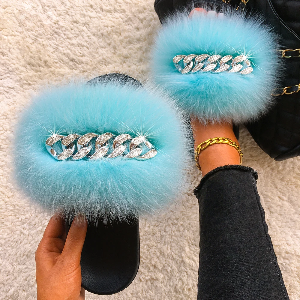 Women Sandals Real Fox Fur Slides Fluffy Slippers Ladies Summer Diamond Chain Flip Flops Beach Shoes Indoor Furry Slippers 2021