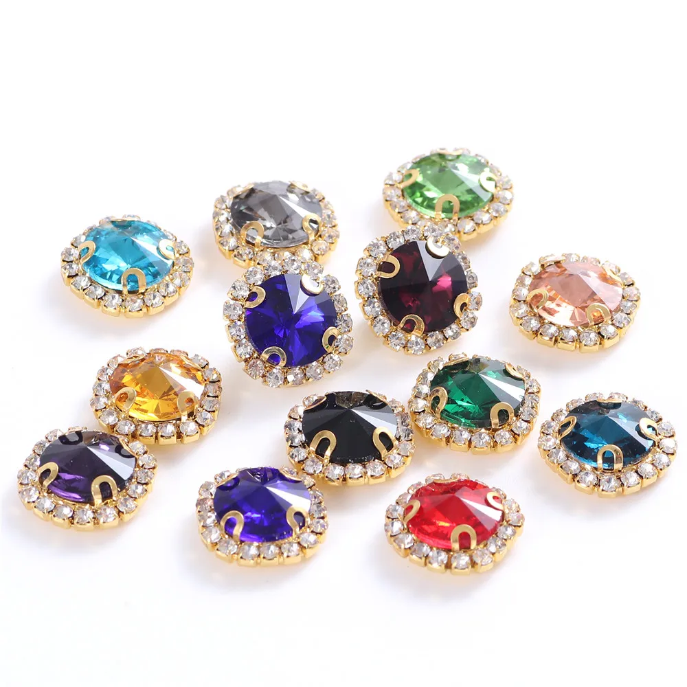 New 10pcs Colorful Round Glass Sew on Rhinestones With Golden Lace Claw Sewing Crystal Flatback Red Rhinestone For Needlework