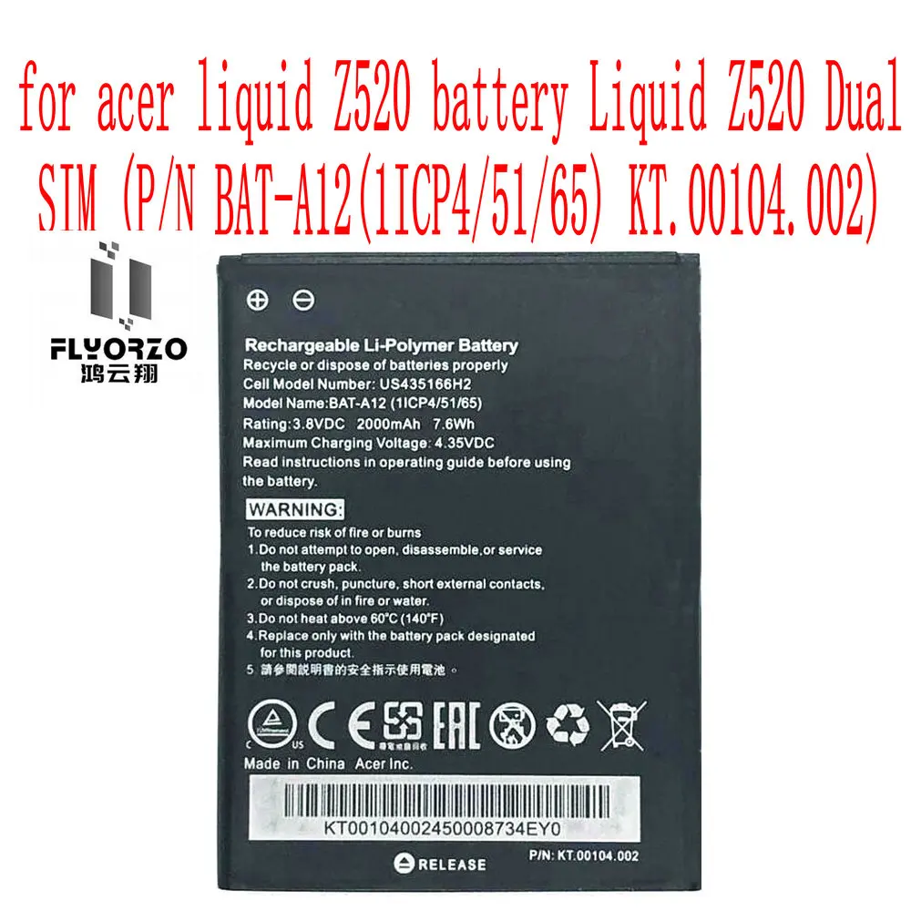 New High Quality 2000mAh BAT-A12 Battery For acer Z520 battery Liquid Z520 (P/N BAT-A12(1ICP4/51/65) KT.00104.002) Cell Phone