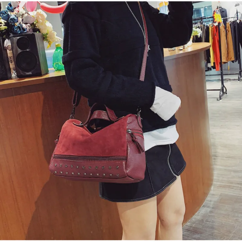 Women Bag Autumn Winter PU Bucket Rivet Vintage Patchwork High-Capacity Shoulder Bags Handbag Women Messenger Bags