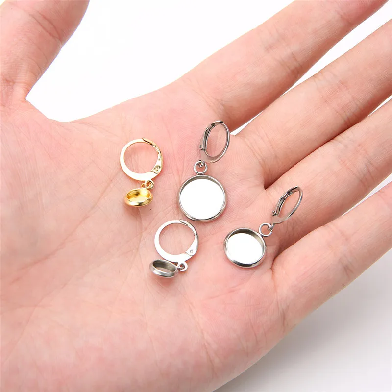 10pcs Stainless Steel Gold Color Earring Base Findings 6/8/10/12mm Metal Cabochon Setting Base Diy Earring Supplies For Jewelry