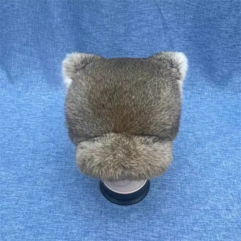 

Women Winter Thicken Fluffy Warm Real Rabbit Fur Hat Bear Ears Windproof Baseball Caps for Girl