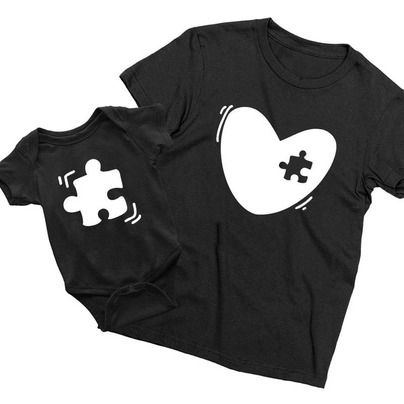 Funny Mommy and Me Outfits Heart Puzzle Piece Mother Daughter Family Matching T-Shirts Baby Bodysuits Summer Mama and Mini Tops