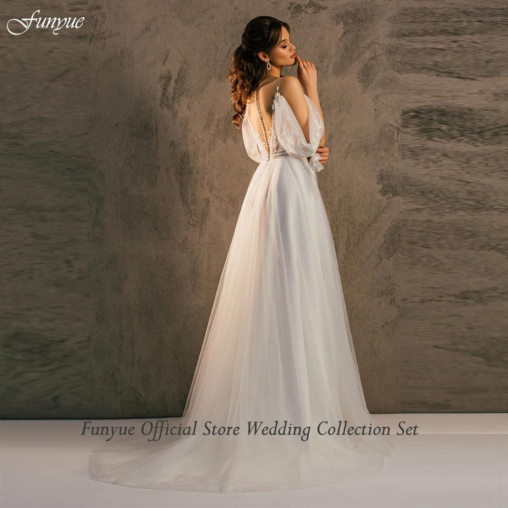 Sexy Princess Ivory Bridal Wedding Dress V-Neck Open Sleeve Lace Cheap Wedding Gowns Illusion Back A Line Tulle Vestido de Noiva