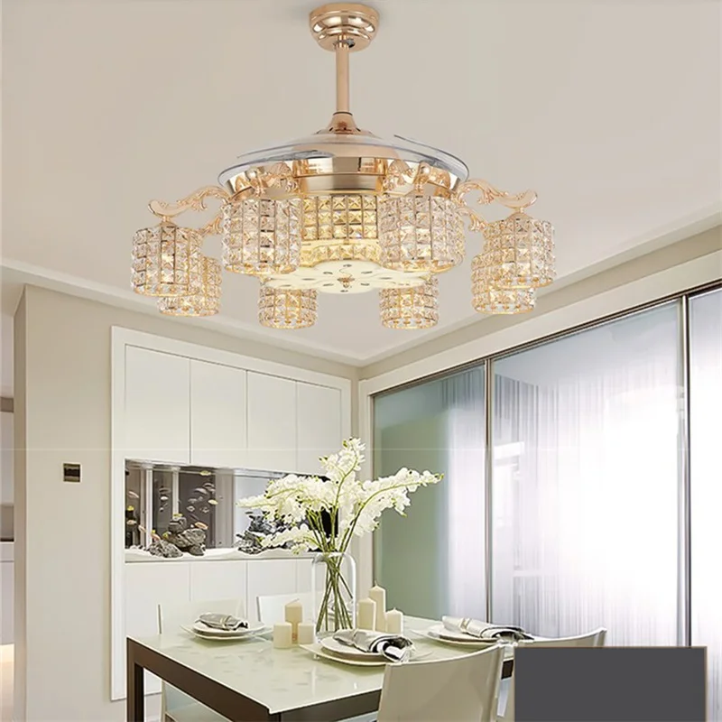 OUFULA New Ceiling Fan Light Invisible Crystal With Remote Control Modern Luxury Gold Lamp For Home