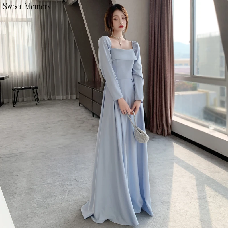 U393 Dame Vloer Lengte Vintage Blue Lange Bruidsmeisje Jurken Vrouwen Prom Bruiloft Jurk Meisjes Afstuderen Formele Gown