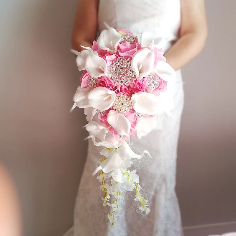 New Wedding Ceremony Holding Flowers Artificial Natural Pink Rose with White Calla Lilies Cascading Bouquet ramos de quinceañera