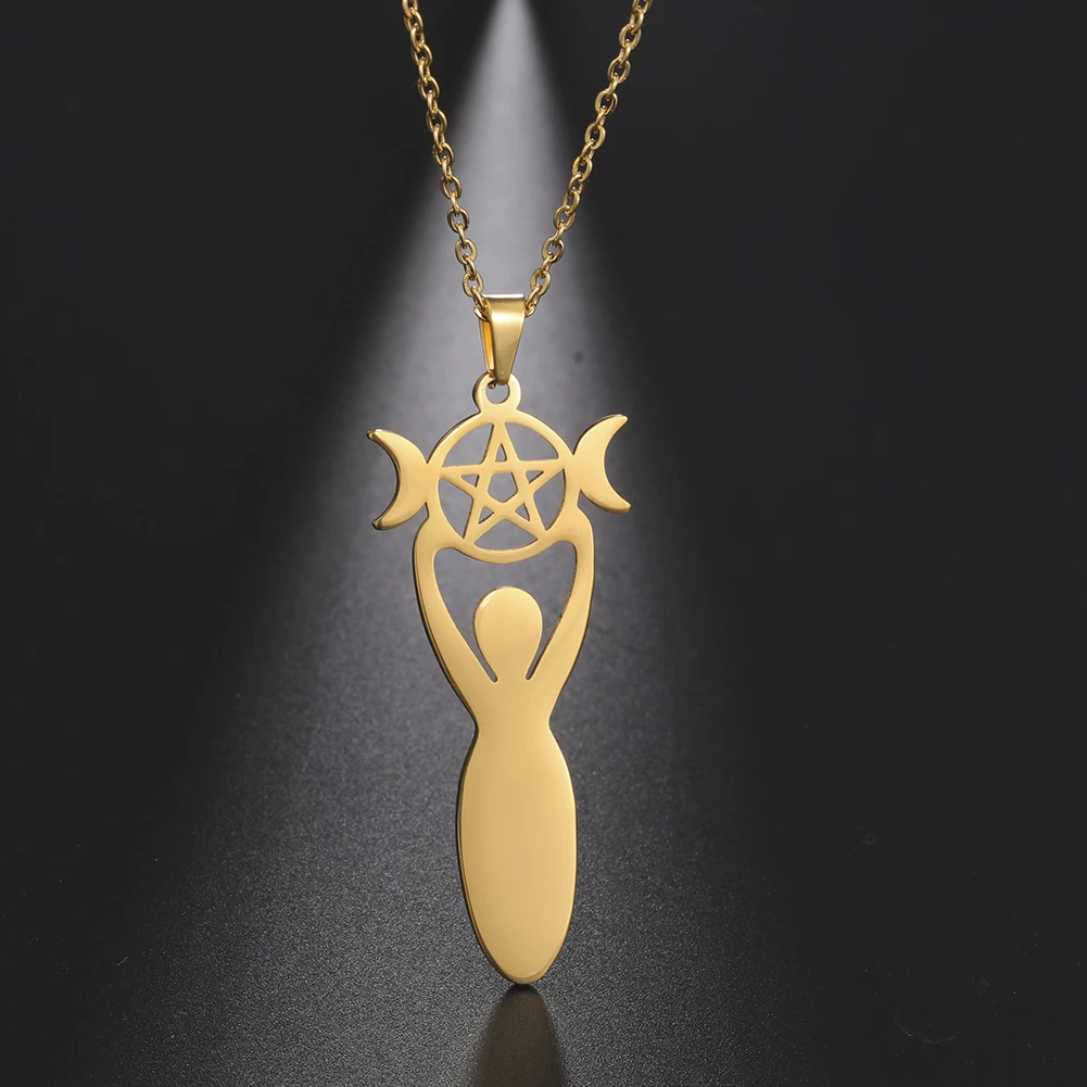 COOLTIME Wicca Witch Triple Moon Goddess Necklace for Women Stainless Steel Pentagram Chain Necklace Jewelry Birthday Gift