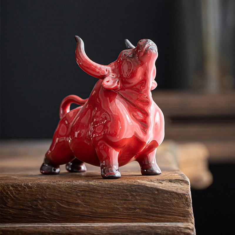 

Creative Ceramic Red Cattle Figurines Ornaments Home Decoration OX Statue Living Room Office Desktop Animal Figures Decor