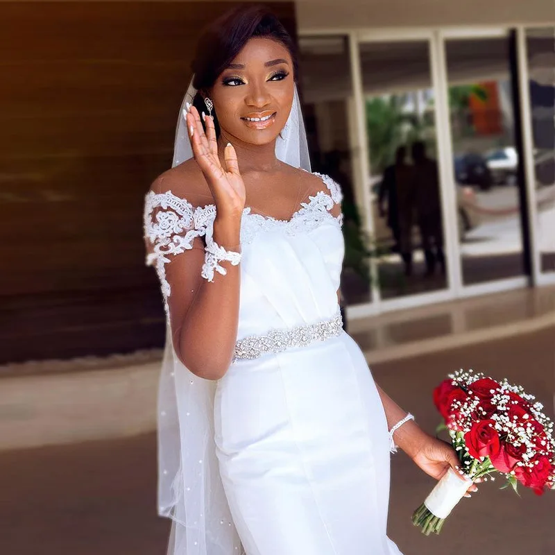 Vestidos De Novia De sirena africana, ropa De boda De manga larga con cinturón De diamantes De imitación, Vestidos De Novia hinchados para jardín