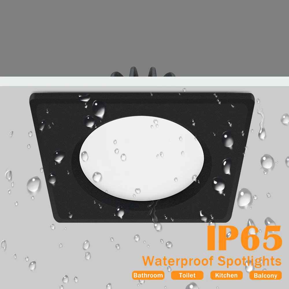 Lâmpada do teto LED impermeável preta, Downlight, Luzes embutidas, Quadrado, Iluminação local, Banheiro, WC, Sala de estar, Foyer, IP65