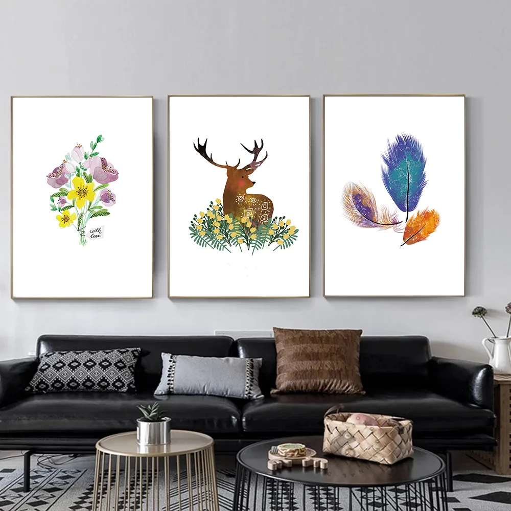 

Nordic Deer Poster Flower Art Print Colorful Feather Abstract Plant Posters Modern Canvas Painting Wall Art Pictures Home Decor