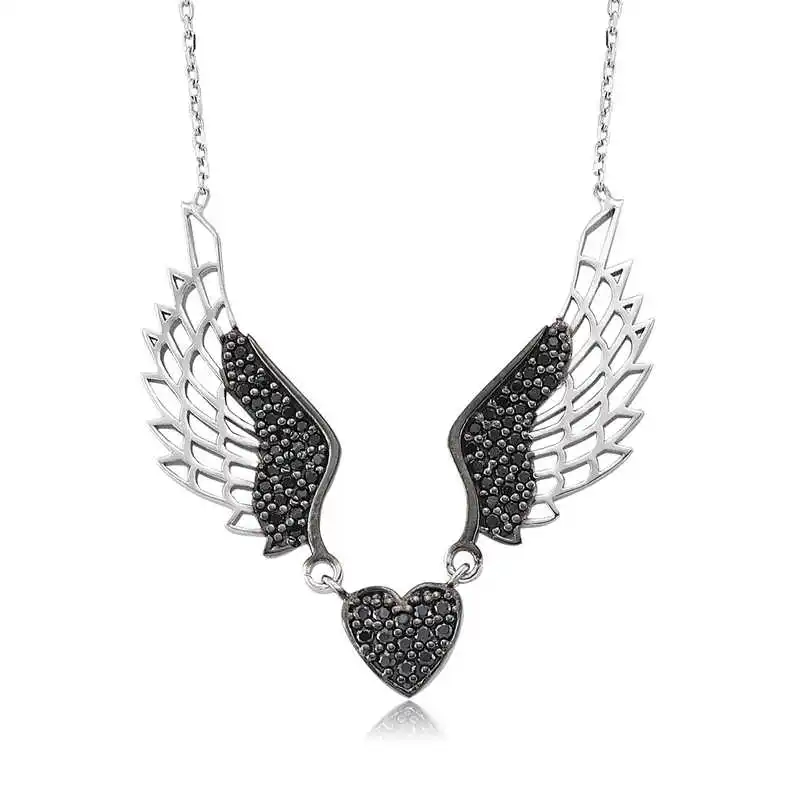 Silver Black Winged Heart Lady Necklace 925 Women Sterling Fine Jewelry Wedding Party Birthday Gift - Box - Pendant - Chain Choker - Female - Ladies - Fashion