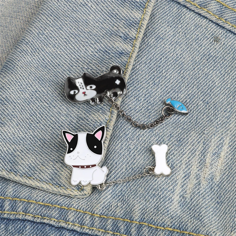 Cute Dog Cat Chain Brooches Animal Bulldog Fish Enamel Pins Badge Jackets Backpack Pin Accessories Jewelry Gift For Friends Kids