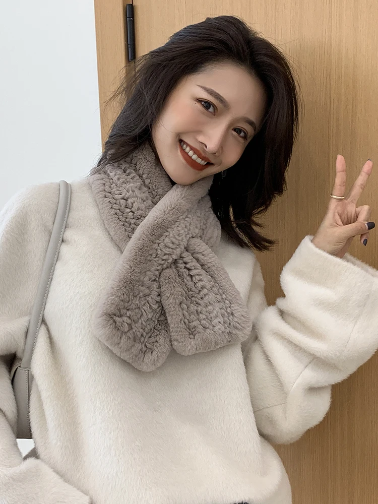ZDFURS* winter thick real rabbit fur fluffy scarf knitted rex rabbit fur collar rabbit fur muffler fashion scarves